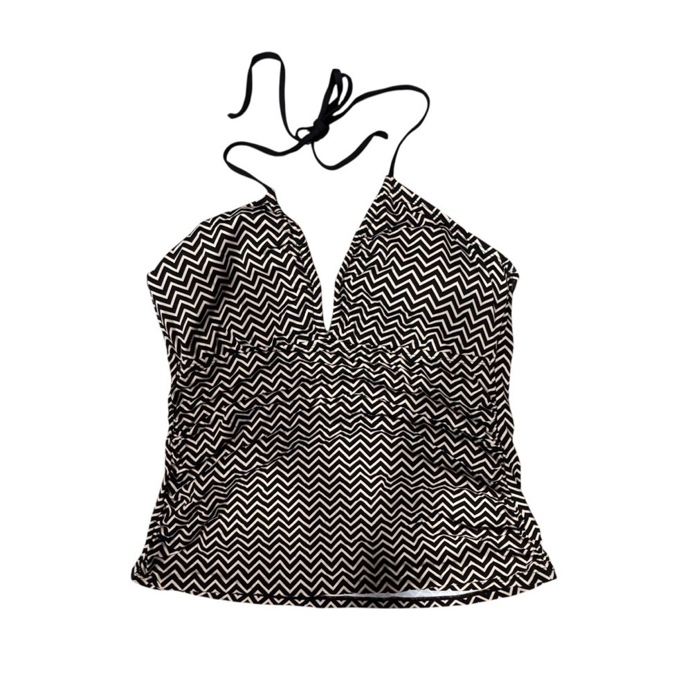 Liz Claiborne Woman’s Black & Tan Chevron Print Halter Swim Tankini Top Size 16